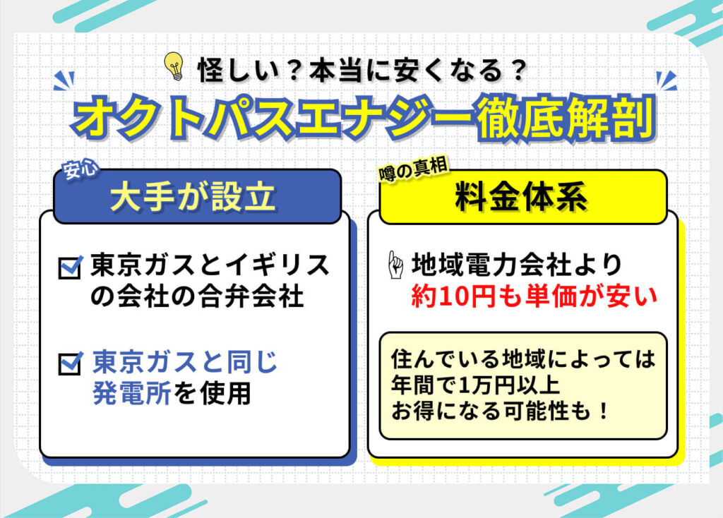 怪しい？本当に安くなる？
オクトパスエナジー徹底解剖

安心：大手が設立
・東京ガスとイギリスの会社の合弁会社
・東京ガスと同じ発電所を使用

噂の真相：料金体系
地域電力会社より約10円も単価が安い

住んでいる地域によっては年間で1万円以上もお得になる可能性も！