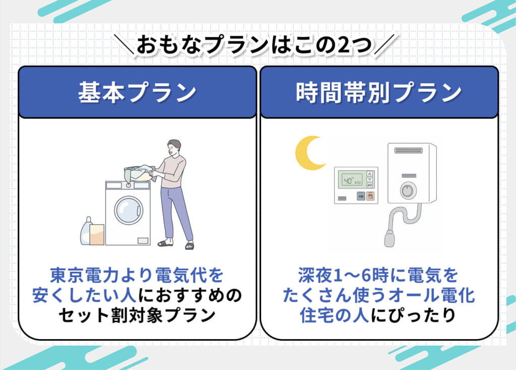 東京ガスのおもなプランはこの2つ
・基本プラン
東京電力より電気代を安くしたい人におすすめのセット割対象プラン
・時間帯別プラン
深夜1～6時に電気をたくさん使うオール電化住宅の人にぴったり