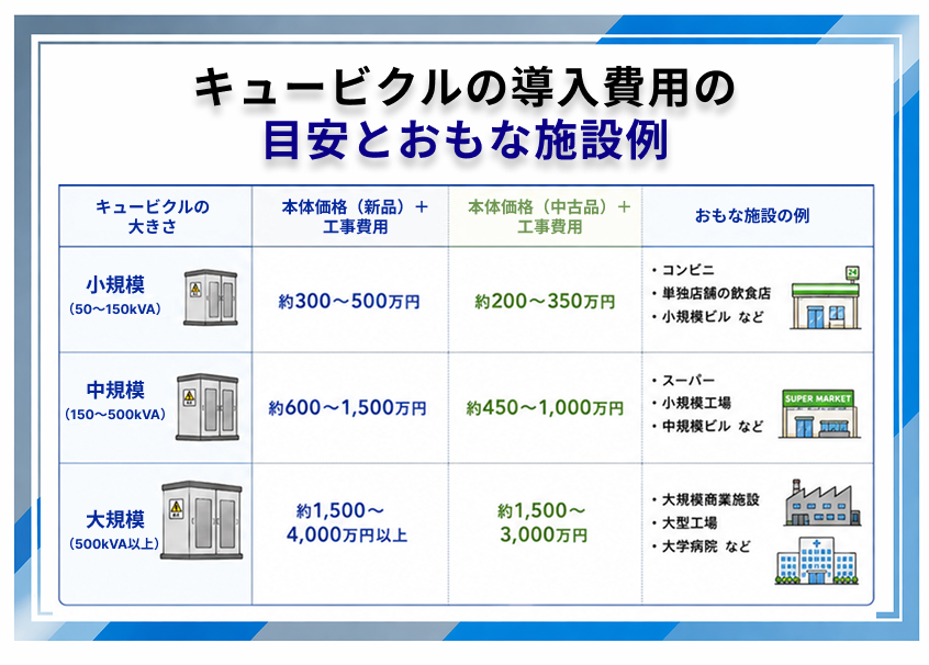 キュービクル導入費用の目安とおもな施設例
・小規模(50~150kVA)
本体価格(新品)+工事費:約300~500万円
本体価格(中古)+工事費:約200~350万円
・中規模(150~500kVA)
本体価格(新品)+工事費:約600~1,500万円
本体価格(中古)+工事費:約450~1,000万円
・大規模(50~150kVA)
本体価格(新品)+工事費:約1,500~4,000万円
本体価格(中古)+工事費:約1,500~3,000万円