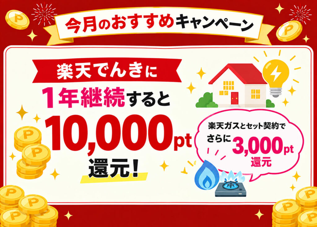 今月のおすすめキャンペーン
楽天でんきを1年継続すると
10,000pt還元!
楽天ガスとセット契約でさらに3,000pt還元
※利用開始月から6か月目の月末頃に5,000pt、12か月目の月末頃に残りの5,000ptが進呈されます。
