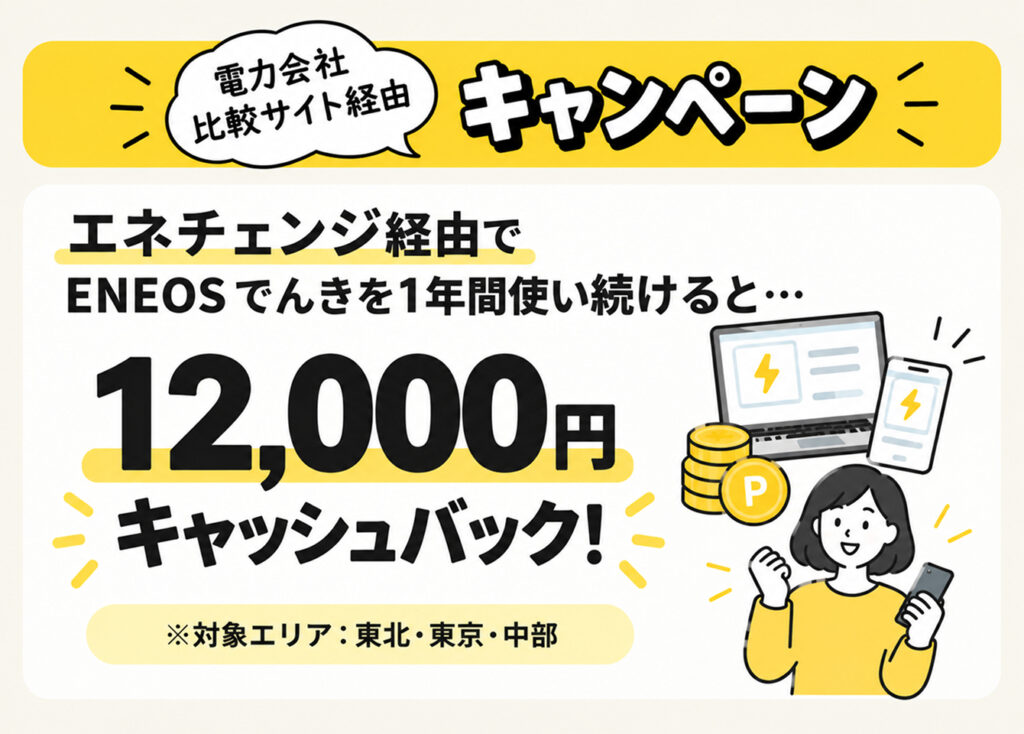 電力会社比較サイト経由のキャンペーン
・エネチェンジ経由で
ENEOSでんきを1年間使い続けると…12,000円キャッシュバック!
※対象エリア:東北・東京・中部エリア