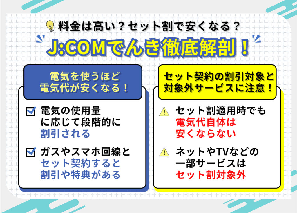 J:COM電気の料金は高い?セット割で安くなる?
J:COMでんき徹底解剖!
電気を使うほど電気代が安くなる!
・電気の使用量に応じて段階的に割引される
・ガスやスマホ回線とセット契約すると、割引や特典がある
セット契約の割引対象と、対象外サービスに注意
・セット割適用時でも電気代自体は安くならない
・ネットやTVなどの一部サービスはセット割対象外